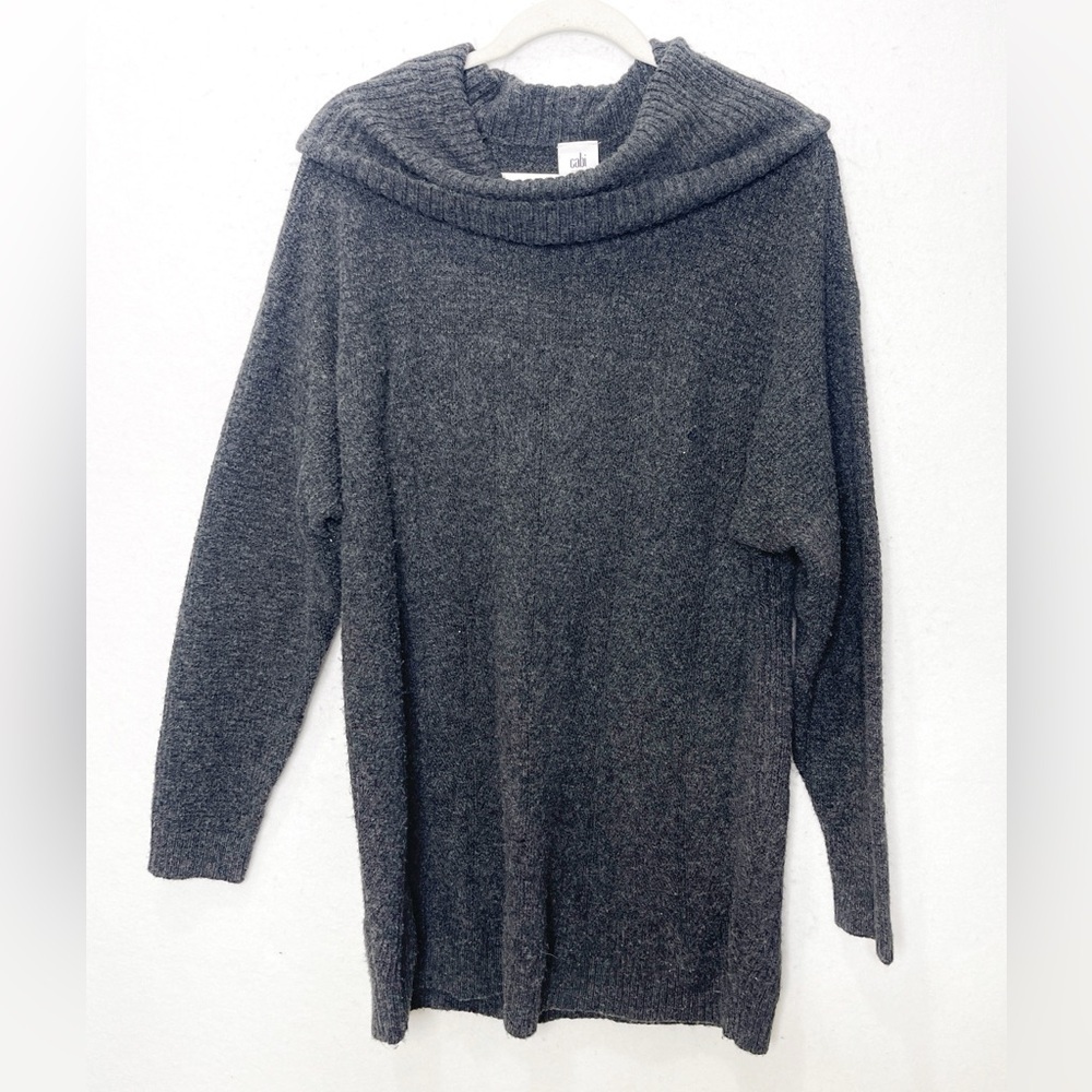 CAbi #4096 Heathered Gray Long Vowl Neck Sweater Cotton Blend Size Large